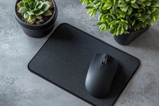 Mouse Pad Mock Up. Office Desk Keyboard with Succulent and Laptop. Workplace Cyber business