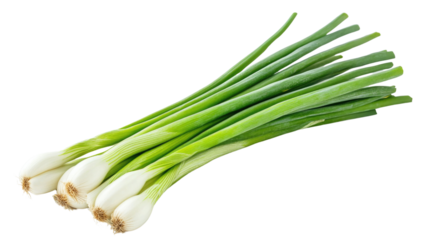Crisp green onions with bright green stalks and fresh white bulbs are displayed against a clean, white background. Ideal for enhancing flavors in various recipes or salads