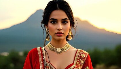 A woman wearing a red and gold sari with her dark hair pulled back stands in front of a mountainous landscape.