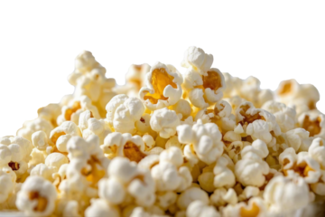 Close-up of popcorn isolated on white background with a heap of tasty yellow kernels