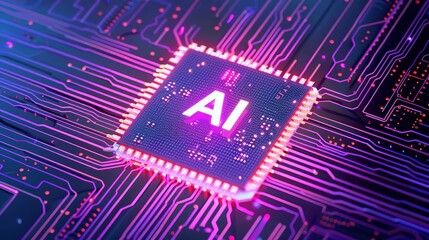 A chip with the letters "AI" on it, purple and pink lighting effects, circuit board background.