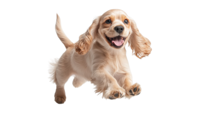 Happy dog leaps joyfully with a wide grin in a playful moment captured indoors