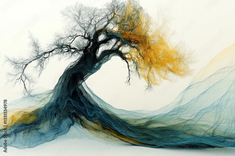 Poster Twisted tree silhouette with colorful flowing lines creating an ethereal landscape during twilight hours