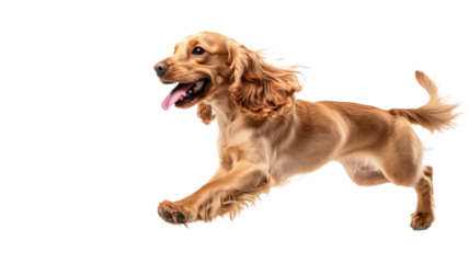 Playful dog joyfully running across a white background with excitement and energy in every step