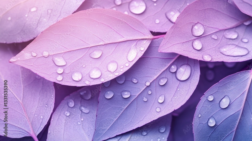 Poster delicate leaves overlap in a lush arrangement, glistening with crystal-clear drops that catch soft l
