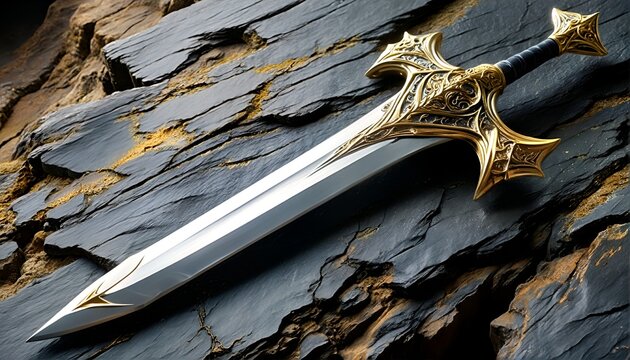 a shiny silver sword with gold accents on a rock.