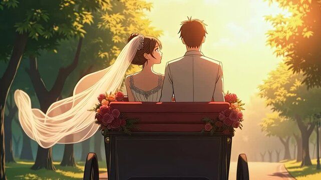 Couple rides in horse-drawn carriage through sunlit park on their wedding day