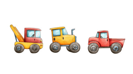 Naklejka premium Three vibrant cartoon vehicles are displayed side by side, including a tow truck, a tractor, and a pickup truck, each with unique designs. Perfect for children's illustrations and themes
