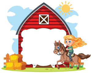Happy Girl Riding Horse Near Barn
