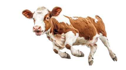 A lively calf leaps joyfully, showcasing its playful spirit. The animal has a mix of brown and white fur, reflecting a charming and energetic demeanor in motion