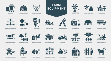 farm equipment icon set, agriculture machines irrigation tools for farming tasks, combine station trailer machine harvester