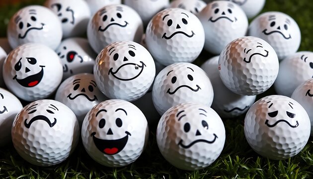 Close-up of a pile of golf balls with various funny cartoon faces printed on them, sitting on green grass.