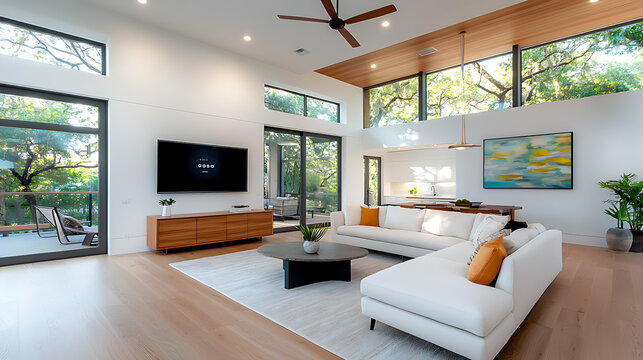 Modern living room with smart home technology contemporary design eco-friendly materials bright environment open viewpoint innovative concept
