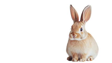 Cute light brown rabbit sitting on a plain white background, showcasing its expressive features and fluffy fur in a peaceful moment