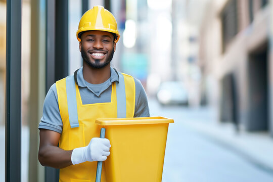 Portrait of smiling street cleaner man holding yellow bin and broom in urban background