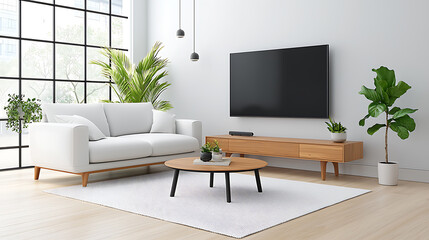 Minimalist living room design with neutral color palette modern home interior decor bright environment wide-angled view aesthetic appeal