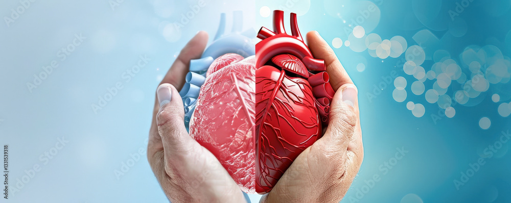 Poster two hands gently hold 3d rendered heart symbol, split into realistic and stylized half, against soft