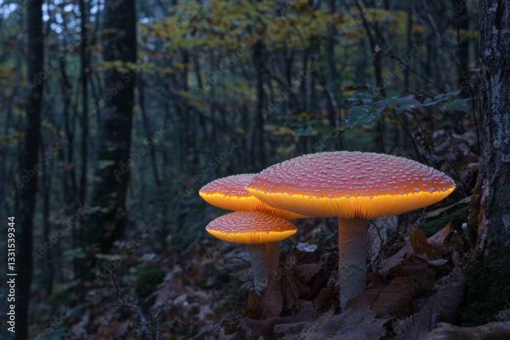 Poster enchanted mushrooms glow in the twilight of a serene forest during autumn