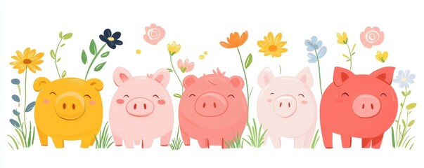 five colorful pigs smiling with flowers and leaves on the top.