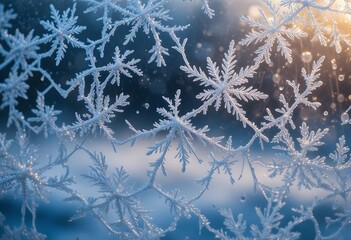 Macro shot of frost patterns forming on a glass surface, with delicate ice crystals spreading in intricate designs. Cool lighting highlights textures, creating a wintery, atmospheric effect.