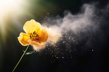 Delicate flower releases a cloud of pollen into the air, symbolizing season of allergy