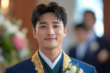 Groom smiling confidently during wedding ceremony in a beautifully decorated venue filled with floral arrangements in the background
