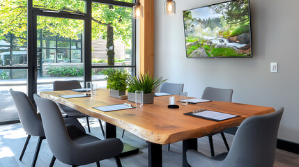 Collaborative team meeting in modern intimate room with wooden table and greenery urban office space professional environment bright view