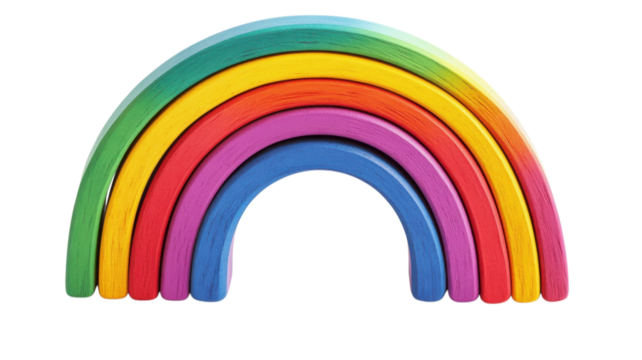 Colorful wooden rainbow toy arranged with vibrant arches in a playful design for children's creativity and learning