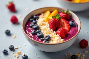 Colorful fruit smoothie bowl with chia seeds and coconut flakes, vibrant, delicious