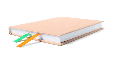 Fototapeta premium Book with ribbon bookmarks isolated on white