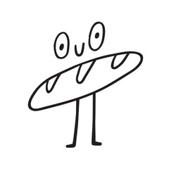 Baguette. Cute character. Outline vector illustration on white background.