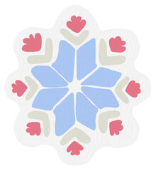 A stylized snowflake design features pastel pink and blue shapes on a light gray background.