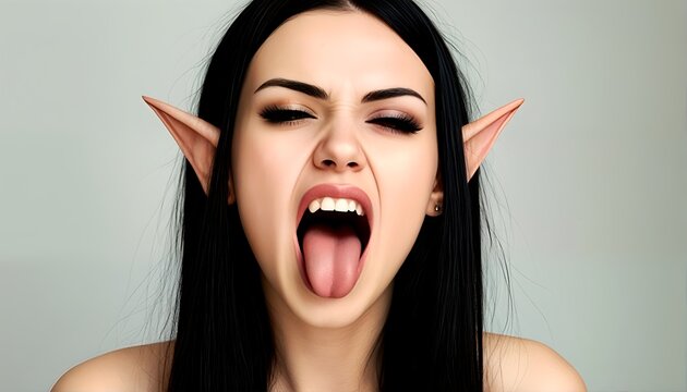 a woman with elf ears and long black hair is sticking her tongue out at the camera.