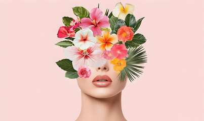 Woman's Face with Floral Arrangement on Pink Background