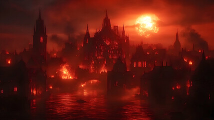 Naklejka premium Burning city at sunset