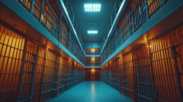 Prison break scene maximum security facility interior photography urban environment wide angle view suspense concept