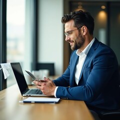 Fototapeta premium Businessman using digital tablet and laptop in modern office setting, communication, work