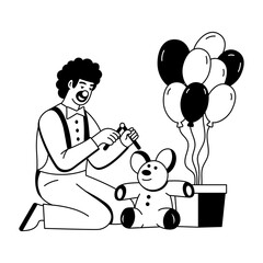 Birthday clown with a teddy and birthday gifts, glyph illustration 