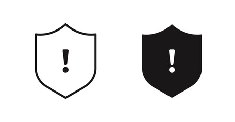 Shield exclamation vector icon set in black color.