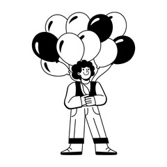 A glyph illustration of person carrying party balloons