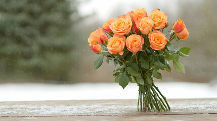 Fresh Orange Roses Bouquet on a Wooden Table with Snow Background