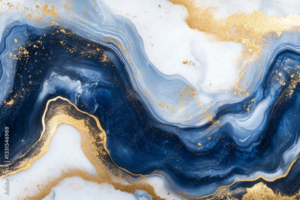 Poster elegant blue and gold abstract design with flowing patterns and textures enhancing a modern aestheti