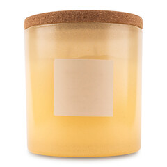 Studio shot of Scented Orange Candle with cork lid. White background - product photography