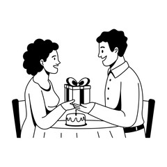 Man giving gift to woman on her birthday, glyph illustration 