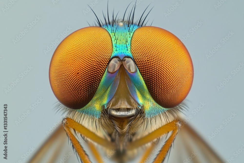 Poster close-up view of a colorful fly highlighting intricate details of its eyes and facial features in a 