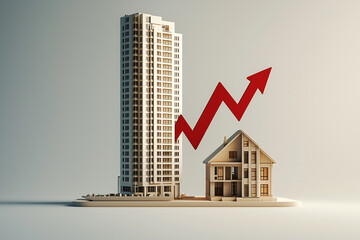 Two miniature models of a high-rise building and a private house with a red arrow with an upward trend. Rising real estate prices. Urban development and architecture. Economic growth.