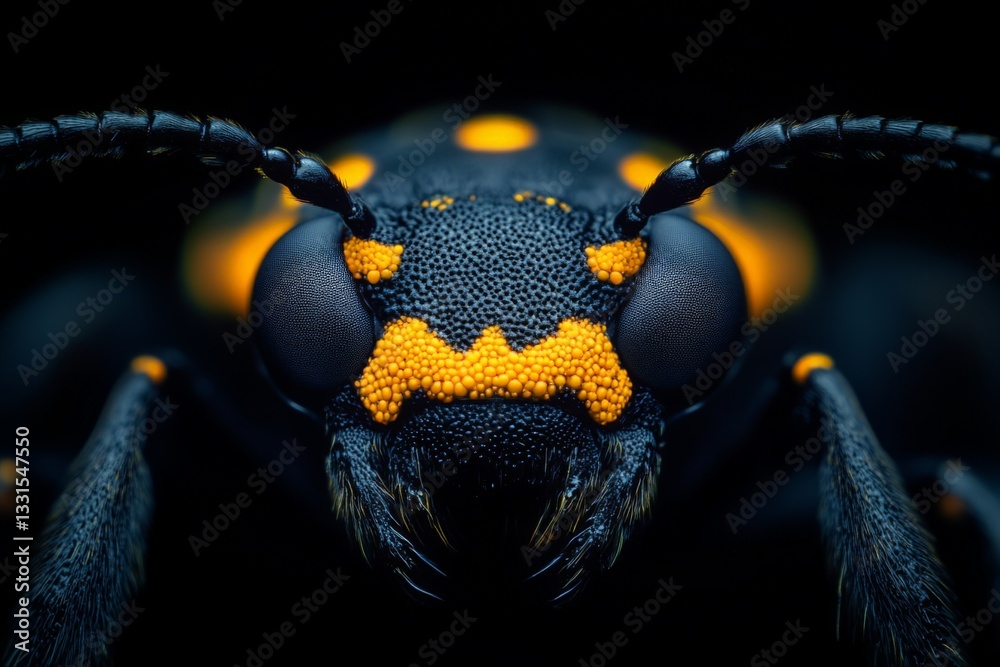 Poster close-up view of a black and orange insect showcasing intricate details in a dark environment