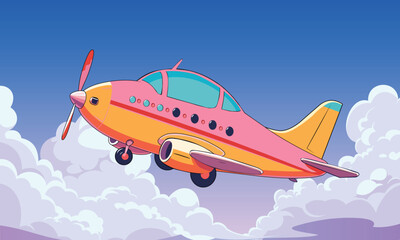Vector illustration of an airplane in flight, showcasing its wings and sleek design against a blue sky. Perfect for travel, aviation, tourism, and international air transportation concepts.