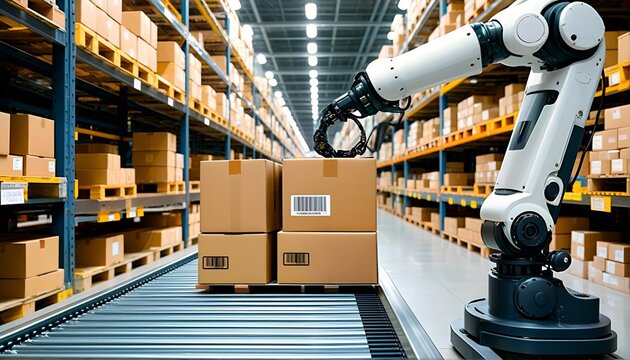 A robotic arm is shown in an industrial warehouse setting.