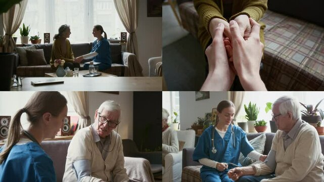 Split screen of nurse in scrubs taking care of elderly people in retirement home, supporting senior woman and taking blood pressure of male patient